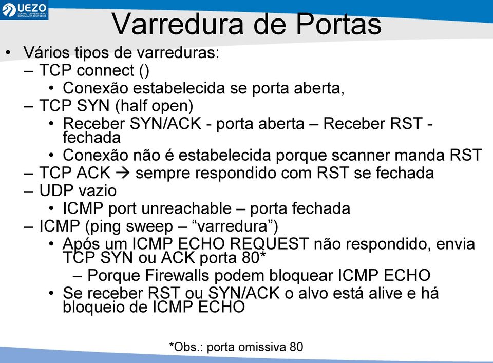 vazio ICMP port unreachable porta fechada ICMP (ping sweep varredura ) Após um ICMP ECHO REQUEST não respondido, envia TCP SYN ou ACK porta