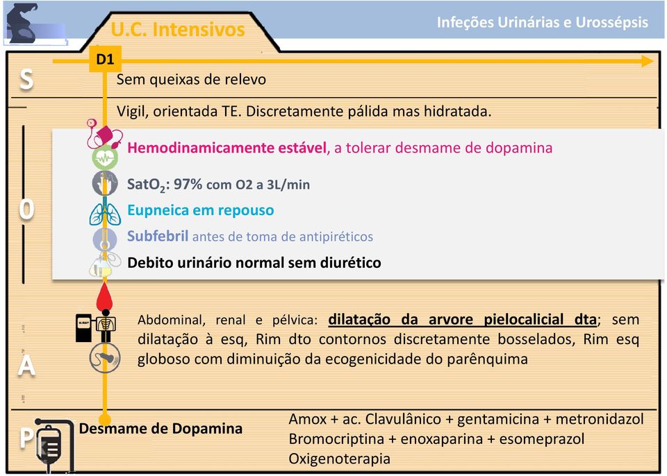Debito urinário normal sem diurético Abdominal, renal e pélvica: dilatação da arvore pielocalicial dta; sem dilatação à esq, Rim dto contornos