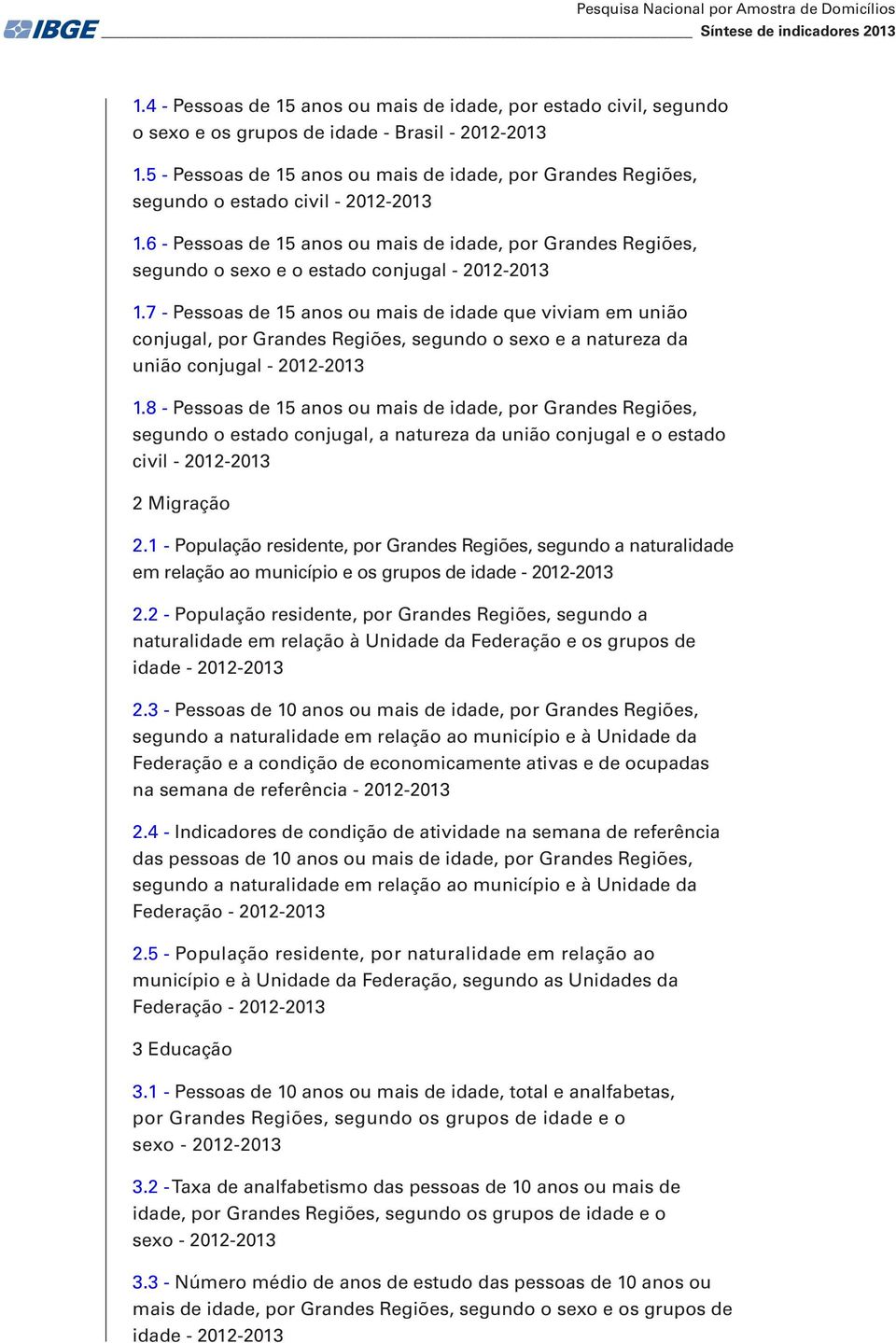 6 - Pessoas de 15 anos ou mais de idade, por Grandes Regiões, segundo o sexo e o estado conjugal - 2012-2013 1.