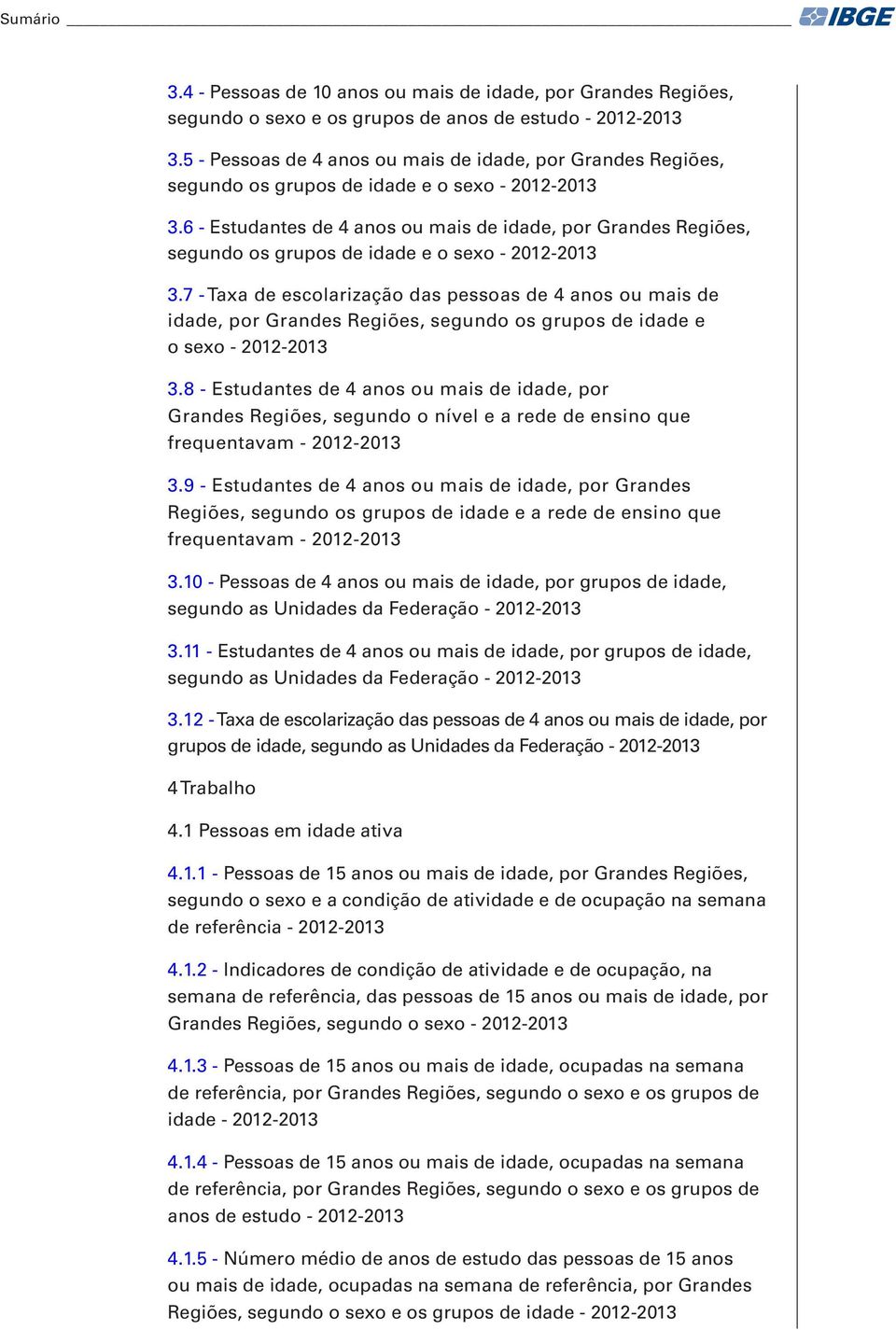 6 - Estudantes de 4 anos ou mais de idade, por Grandes Regiões, segundo os grupos de idade e o sexo - 2012-2013 3.