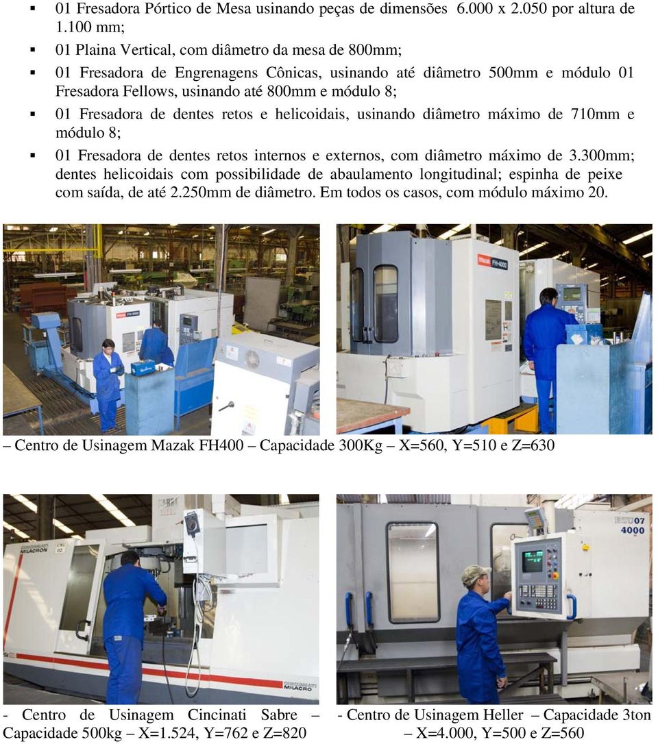 de dentes retos e helicoidais, usinando diâmetro máximo de 710mm e módulo 8; 01 Fresadora de dentes retos internos e externos, com diâmetro máximo de 3.