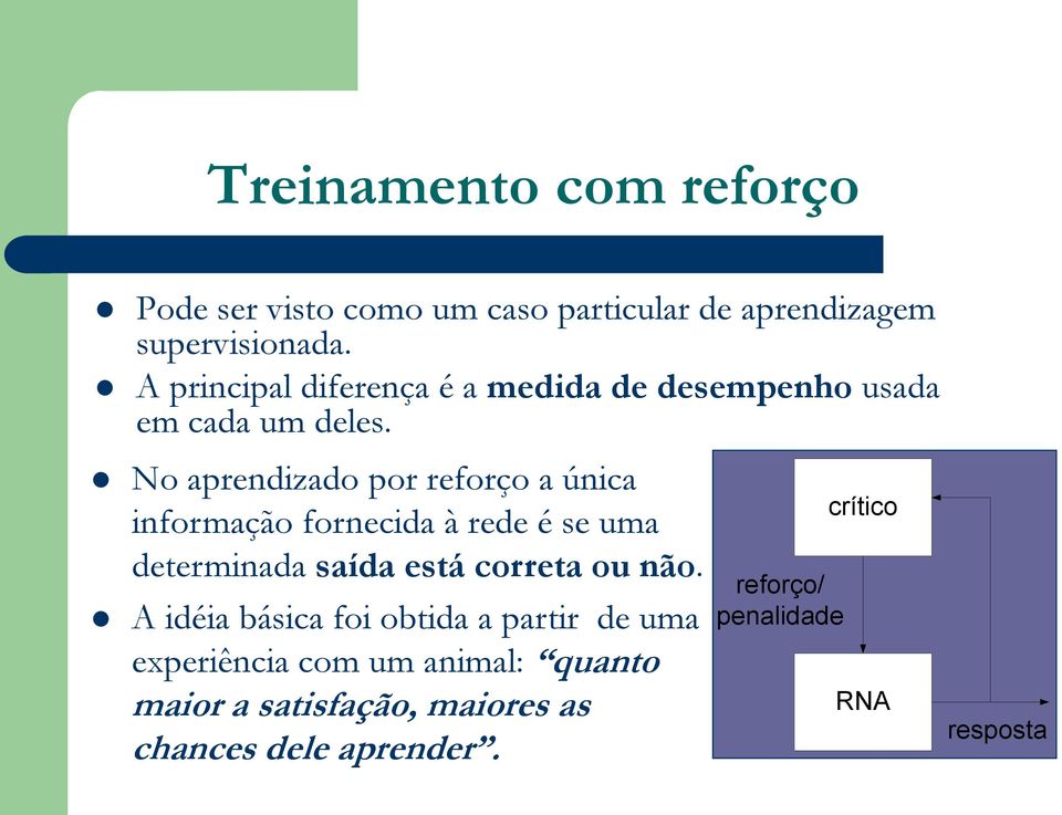 No aprendizado por reforço a única informação fornecida à rede é se uma determinada saída está correta ou não.