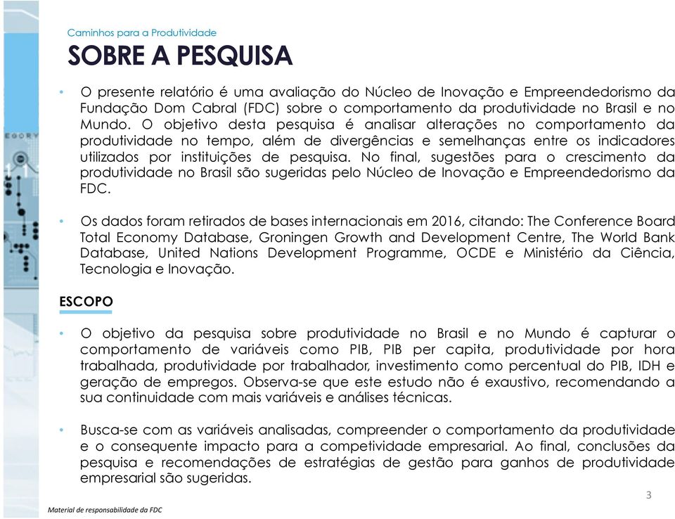 No final, sugestões para o crescimento da produtividade no Brasil são sugeridas pelo Núcleo de Inovação e Empreendedorismo da FDC.