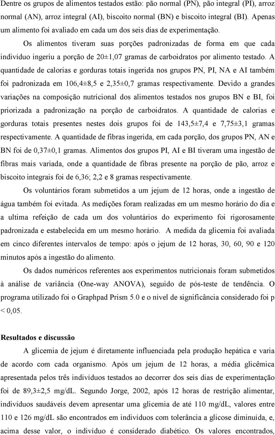 Os alimentos tiveram suas porções padronizadas de forma em que cada indivíduo ingeriu a porção de 20±1,07 gramas de carboidratos por alimento testado.