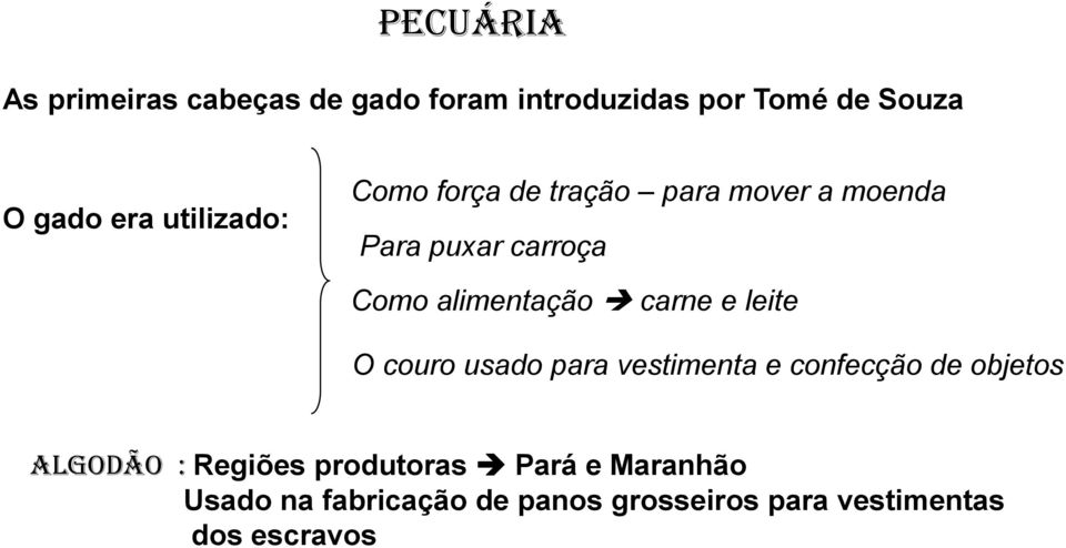 carne e leite O couro usado para vestimenta e confecção de objetos ALGODÃO : Regiões