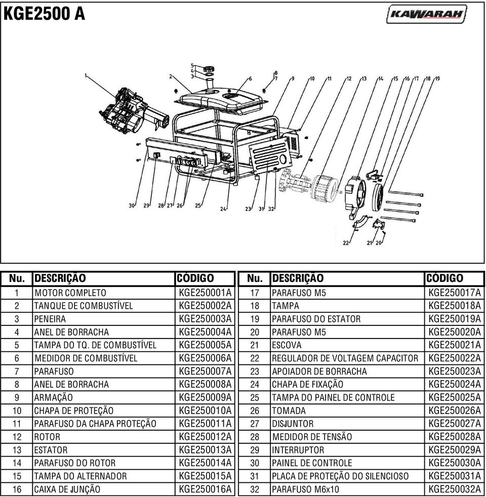 KGE250004A 20 PARAFUSO M5 KGE250020A 5 TAMPA DO TQ.