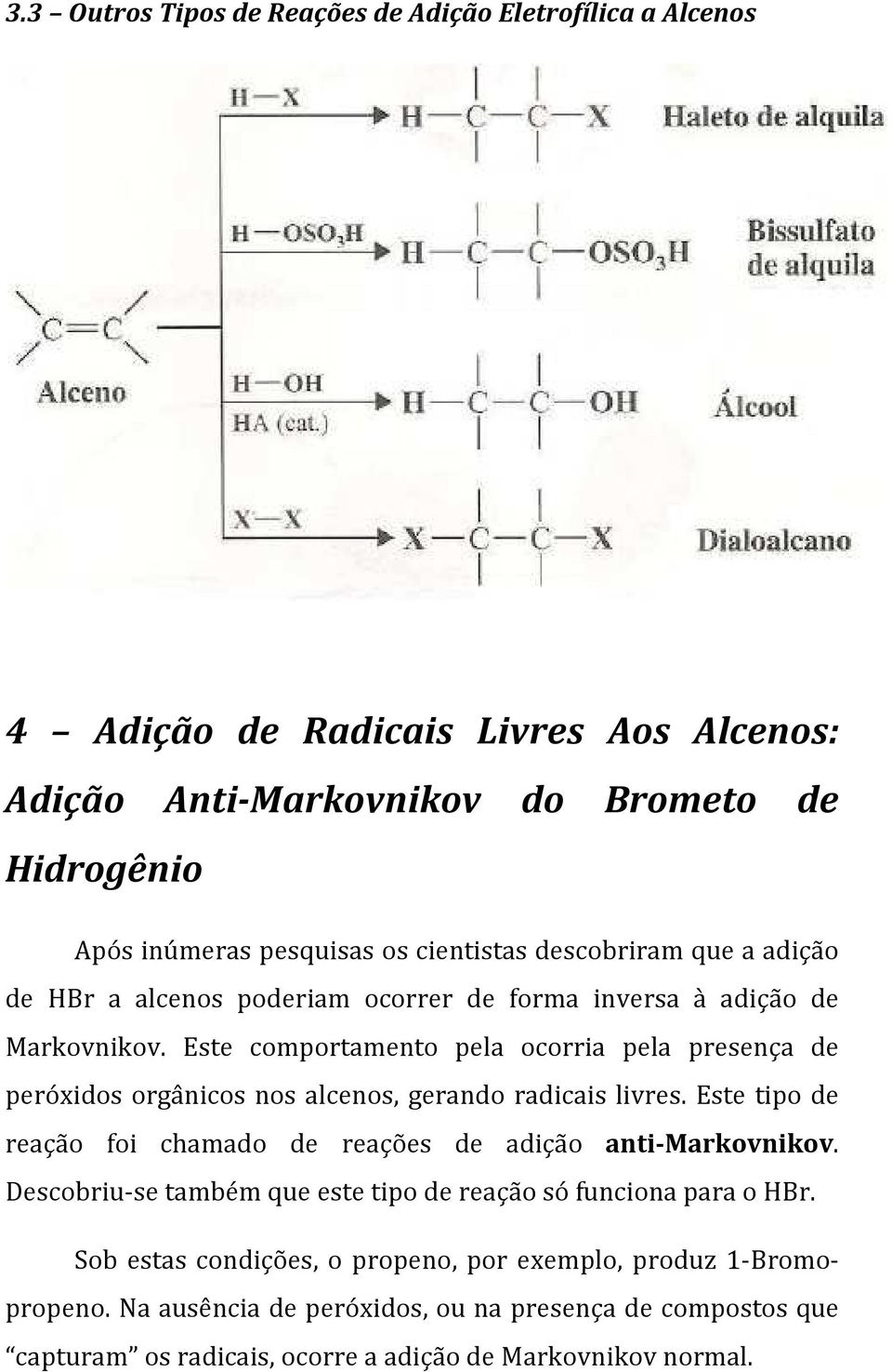 Este comportamento pela ocorria pela presença de peróxidos orgânicos nos alcenos, gerando radicais livres. Este tipo de reação foi chamado de reações de adição anti-markovnikov.