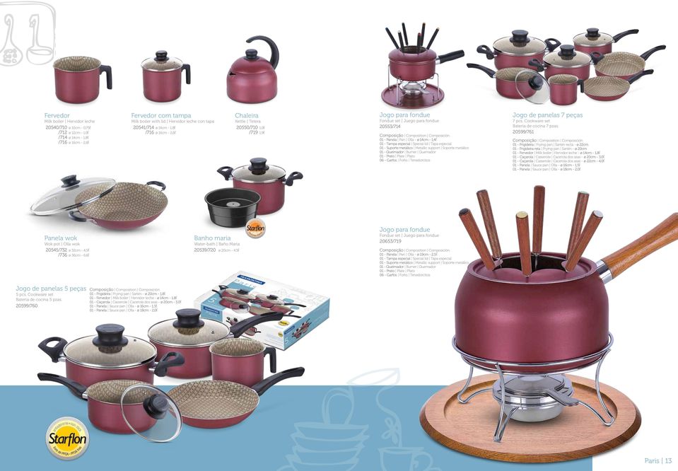 Tapa especial 01 - Suporte metálico Metallic support Soporte metálico 01 - Queimador Burner Quemador 01 - Prato Plate Plato 06 - Garfos Forks Tenedorcitos Jogo de panelas 7 peças 7 pcs.