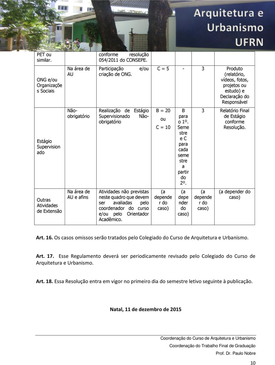 = 10 B para o 1º. Seme e C para cada a partir do 2º. 3 Relatório Final de Estágio conforme Resolução.