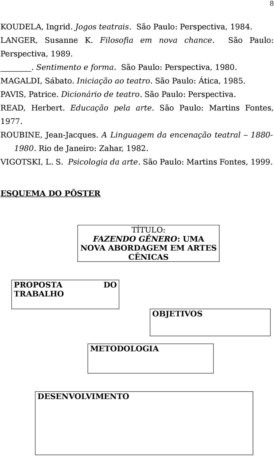 Educação pela arte. São Paulo: Martins Fontes, 1977. ROUBINE, Jean-Jacques. A Linguagem da encenação teatral 1880-1980. Rio de Janeiro: Zahar, 1982. VIGOTSKI, L. S. Psicologia da arte.