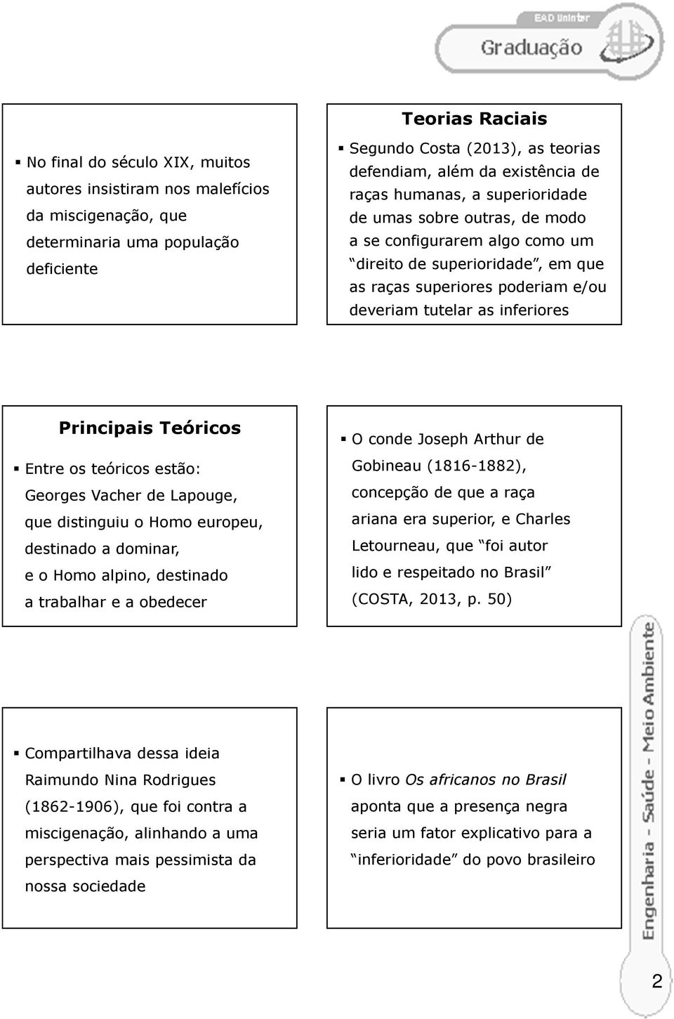 inferiores Principais Teóricos Entre os teóricos estão: Georges Vacher de Lapouge, que distinguiu o Homo europeu, destinado a dominar, e o Homo alpino, destinado a trabalhar e a obedecer O conde