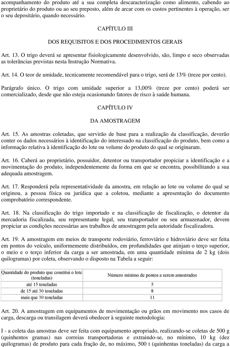 O trigo deverá se apresentar fisiologicamente desenvolvido, são, limpo e seco observadas as tolerâncias previstas nesta Instrução Normativa. Art. 14.