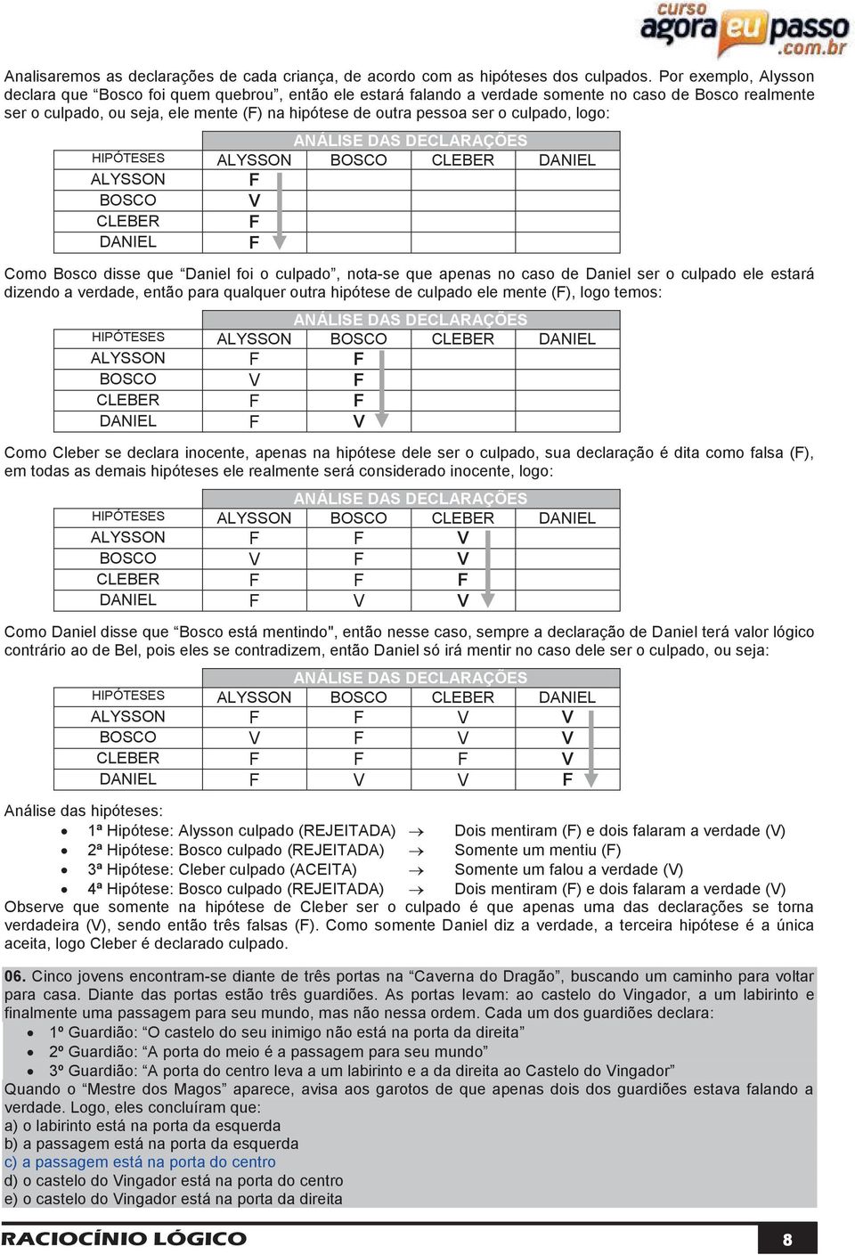 culpado, logo: ANÁLISE DAS DECLARAÇÕES HIPÓTESES ALYSSON BOSCO CLEBER DANIEL ALYSSON F BOSCO V CLEBER F DANIEL F Como Bosco disse que Daniel foi o culpado, nota-se que apenas no caso de Daniel ser o