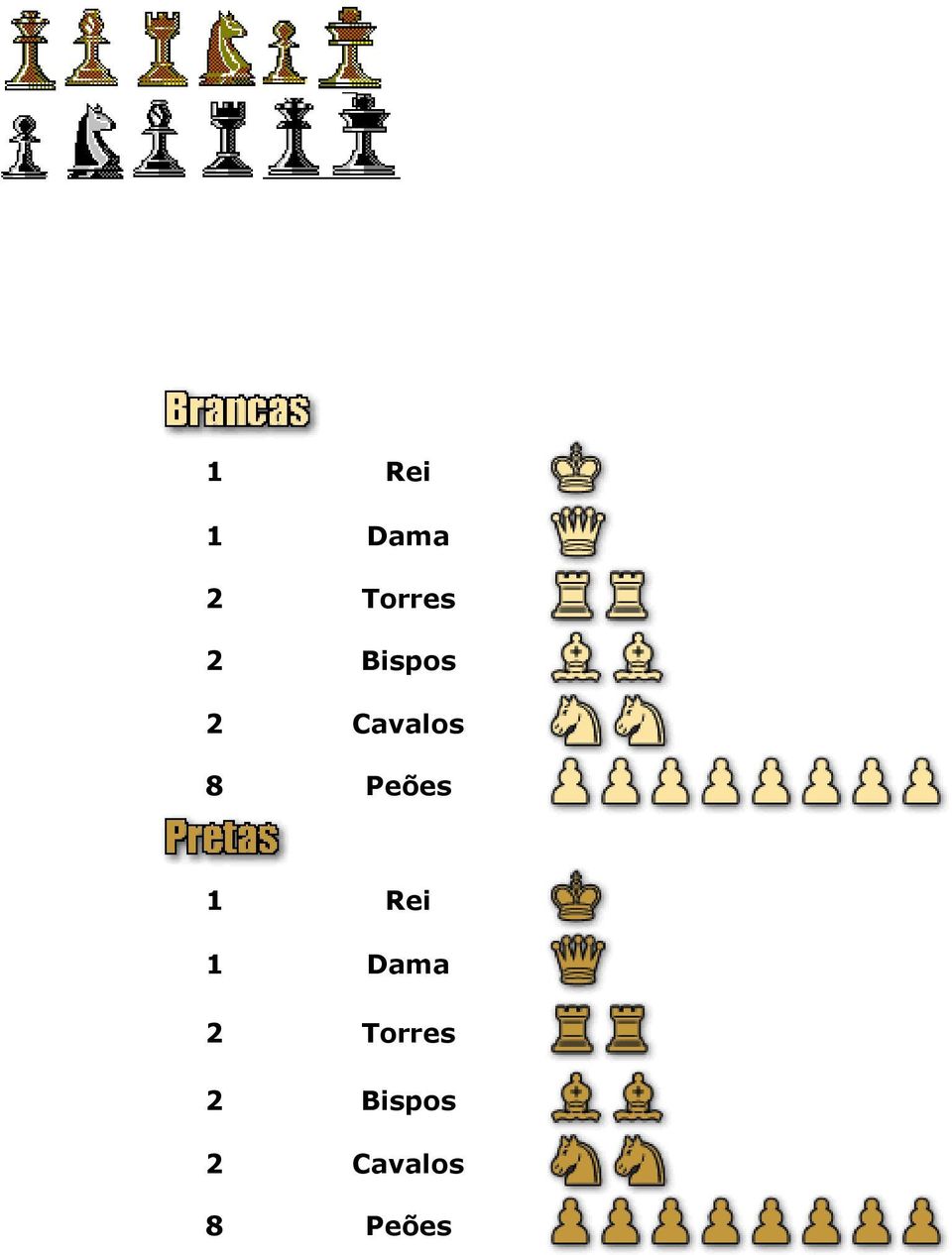 Torres 2 Bispos 2 Cavalos 8 Peões Definimos as peças de cores claras como "as