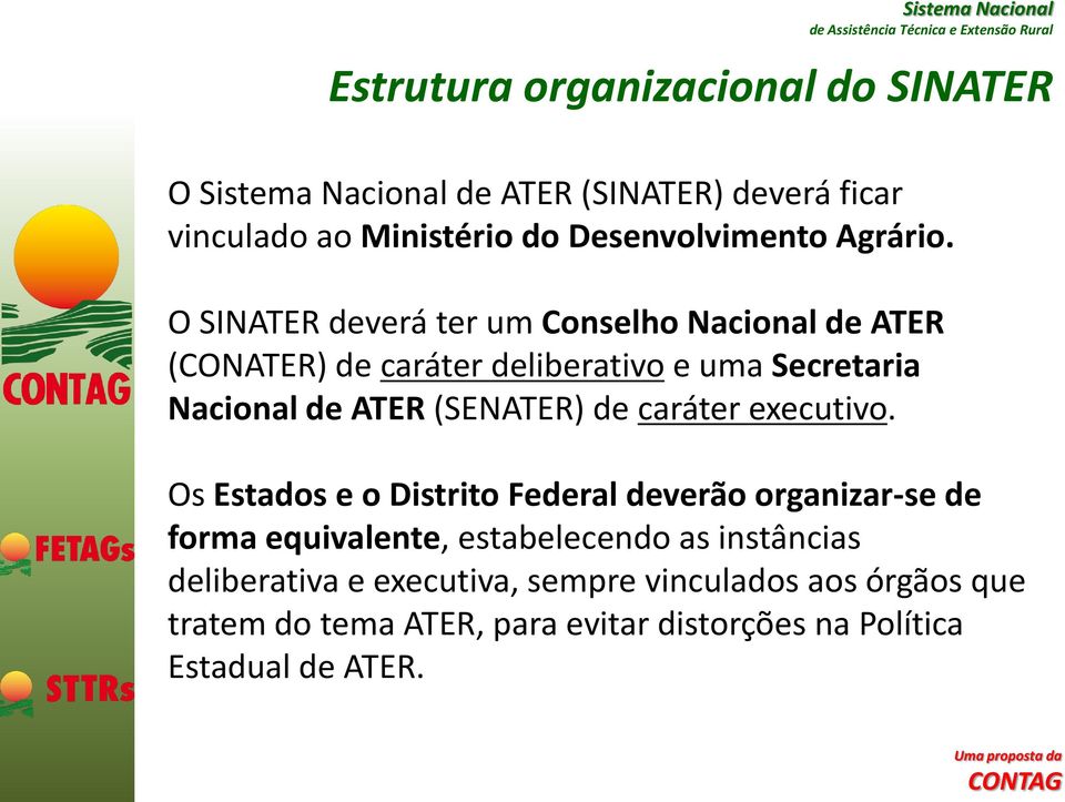 O SINATER deverá ter um Conselho Nacional de ATER (CONATER) de caráter deliberativo e uma Secretaria Nacional de ATER (SENATER) de