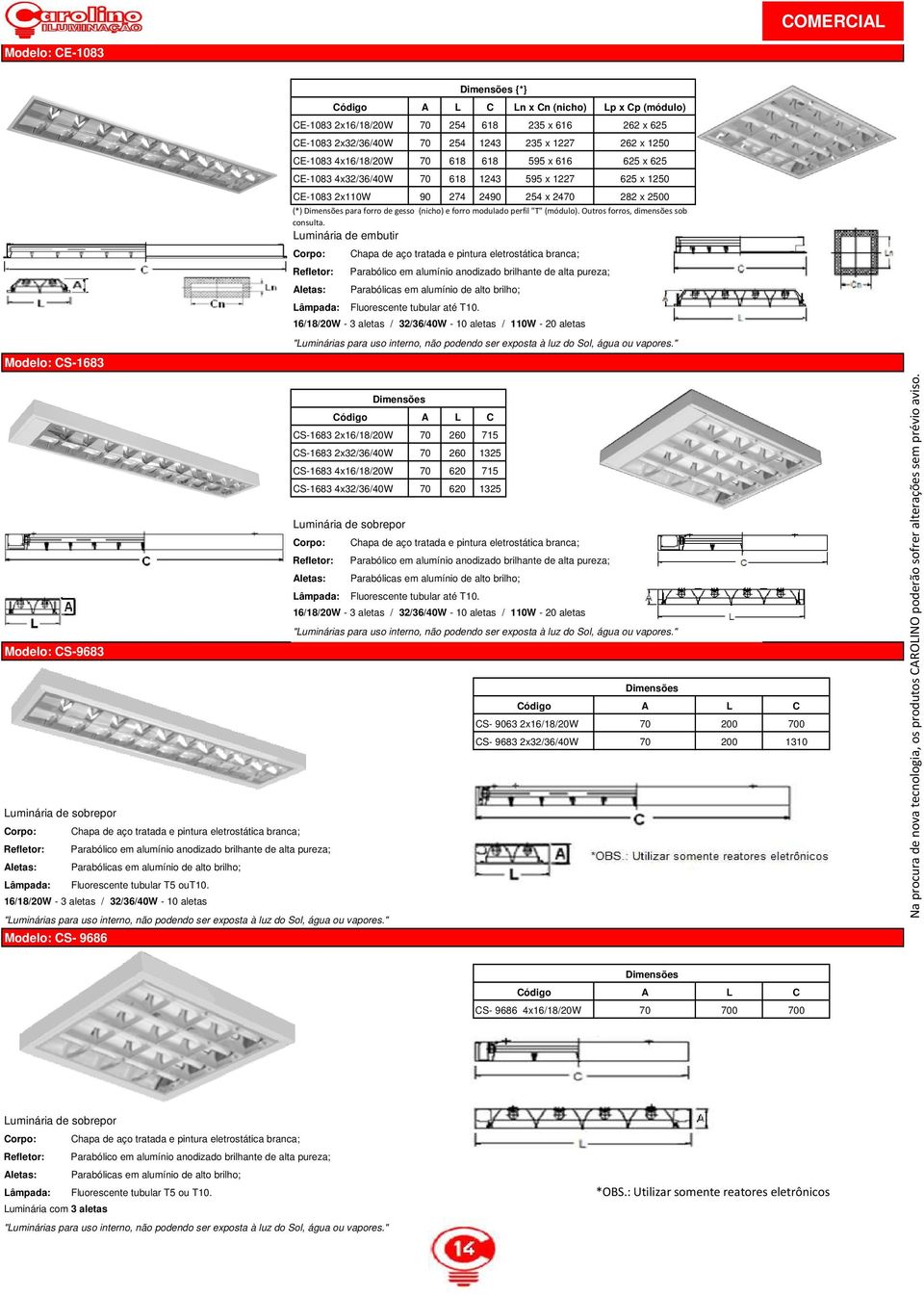 Outros forros, dimensões sob consulta. letas: CE-1083 2x16/18/20W Parabólico em alumínio anodizado brilhante de alta pureza; Parabólicas em alumínio de alto brilho; Fluorescente tubular até T10.