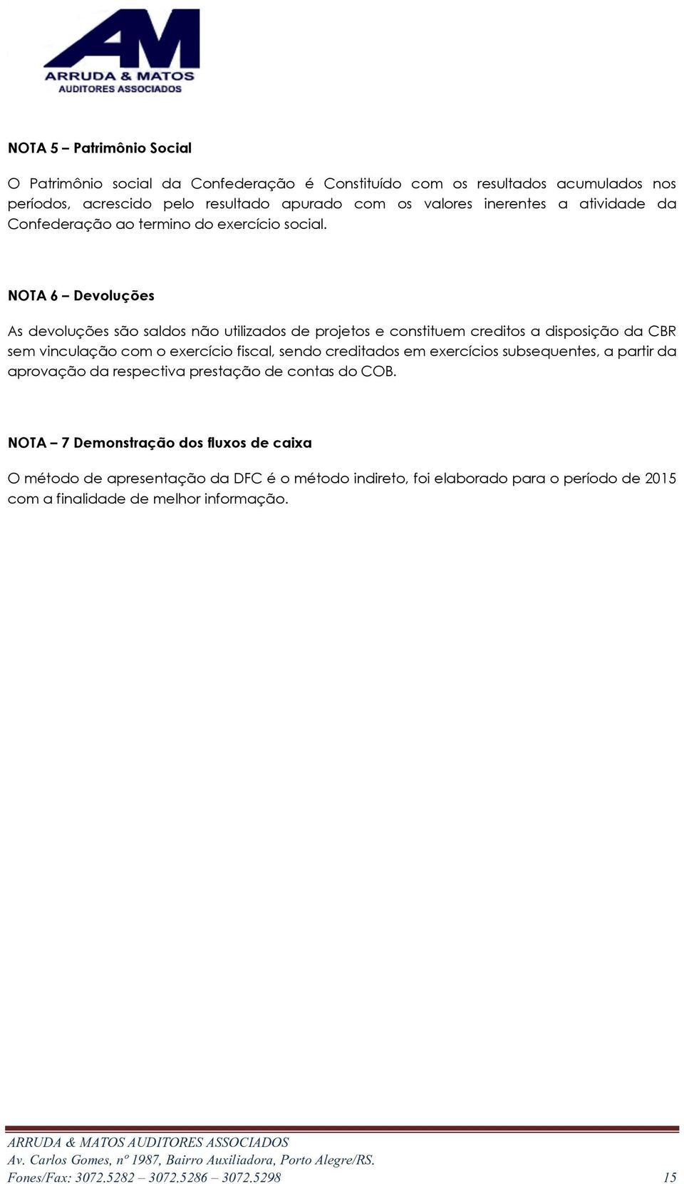 NOTA 6 Devoluções As devoluções são saldos não utilizados de projetos e constituem creditos a disposição da CBR sem vinculação com o exercício fiscal, sendo creditados em