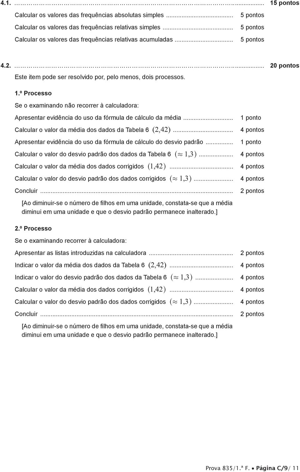 º Processo Se o examinando não recorrer à calculadora: Apresentar evidência do uso da fórmula de cálculo da média... 1 pontos Calcular o valor da média dos dados da Tabela 6 (2,42).