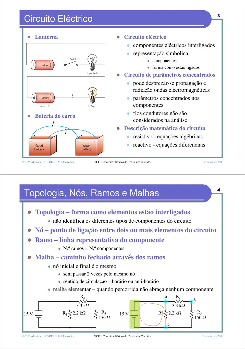 equações algébricas reactivo - equações diferenciais Topologia, Nós, amos e Malhas 4 Topologia forma como elementos estão interligados não identifica os diferentes tipos de componentes do circuito Nó