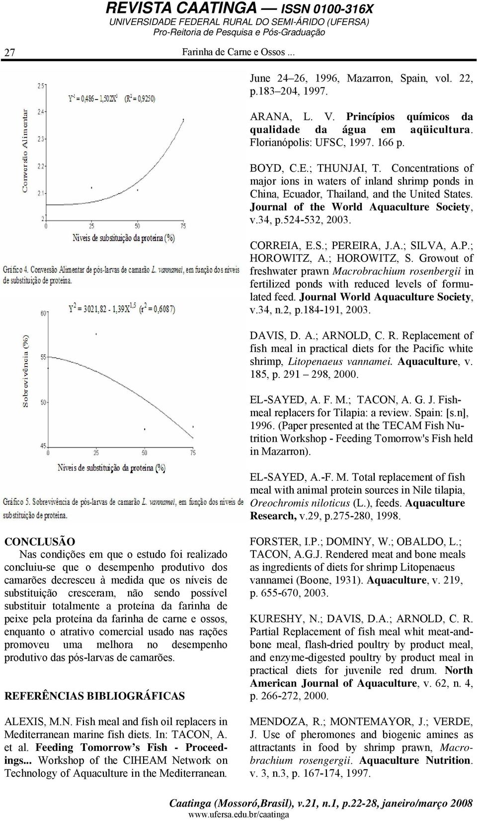 524-532, 2003. CORREIA, E.S.; PEREIRA, J.A.; SILVA, A.P.; HOROWITZ, A.; HOROWITZ, S. Growout of freshwater prawn Macrobrachium rosenbergii in fertilized ponds with reduced levels of formulated feed.