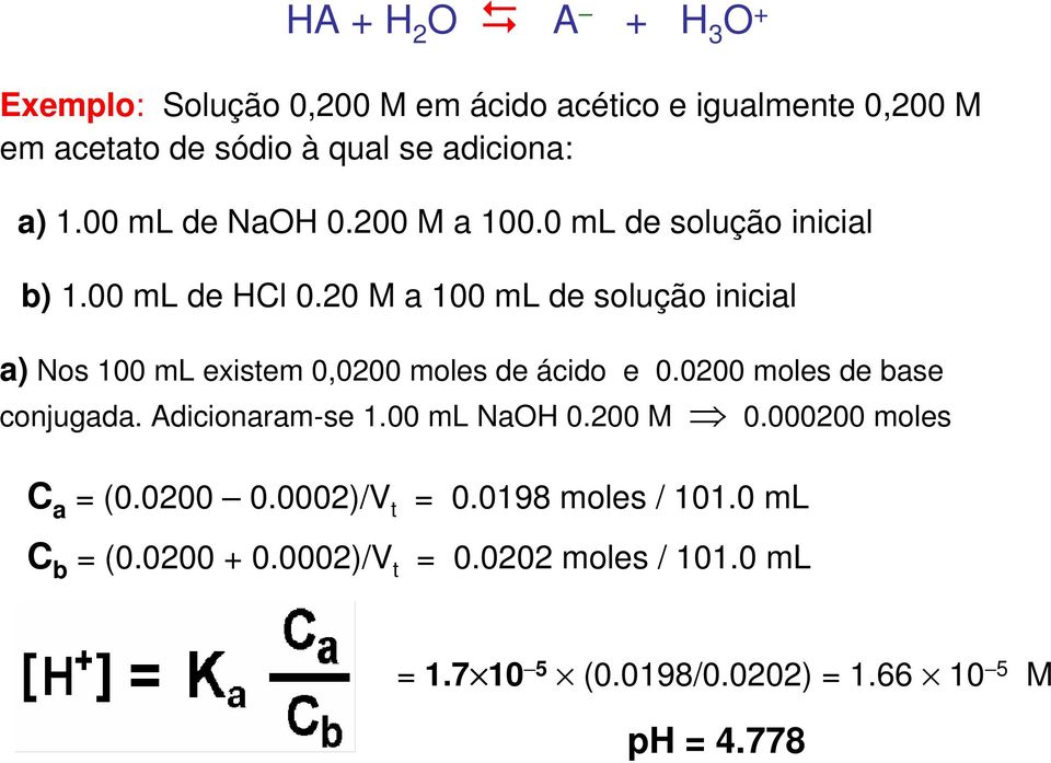 20 M a 100 ml de solução inicial a) Nos 100 ml existem 0,0200 moles de ácido e 0.0200 moles de base conjugada. Adicionaram-se 1.