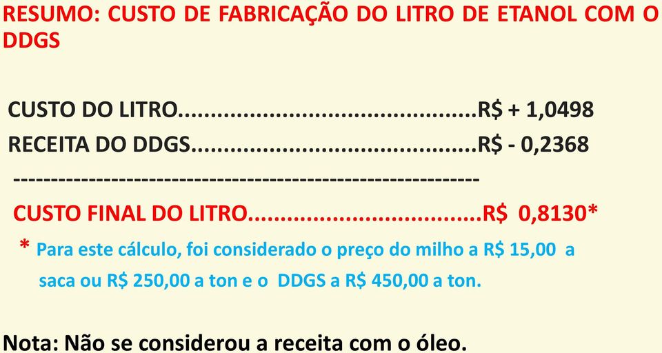 ..R$ - 0,2368 -------------------------------------------------------------- CUSTO FINAL DO