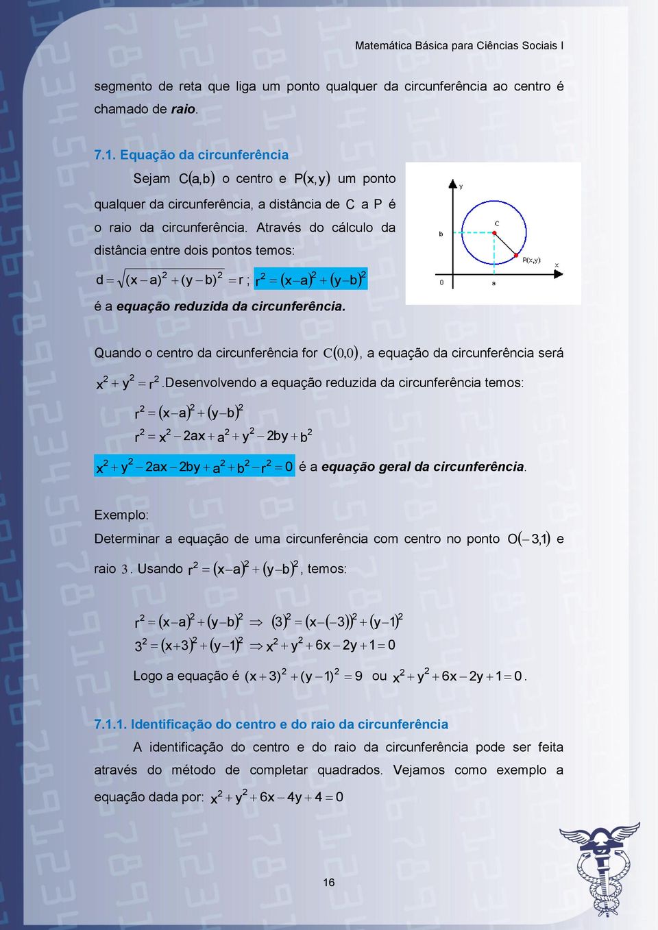 través do cálculo da distância entre dois pontos temos: d ( a) (y b) r ; r a yb é a equação reduzida da circunferência.