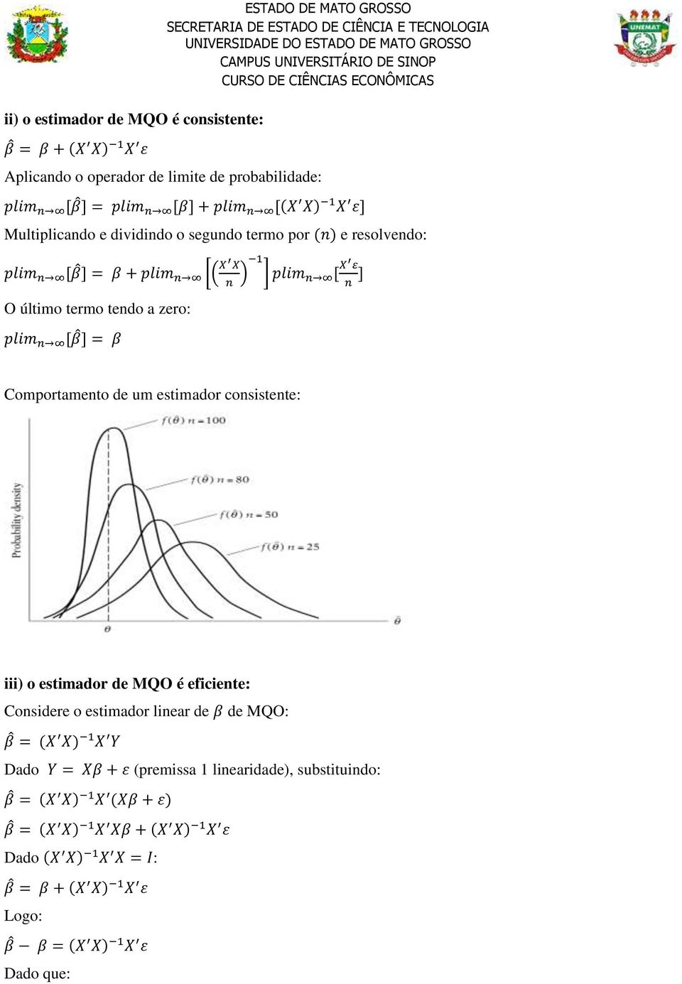 [β ] = β Comportamento de um estimador consistente: iii) o estimador de MQO é eficiente: Considere o estimador linear de β de MQO: β = (X X) 1 X Y Dado Y = Xβ + ε