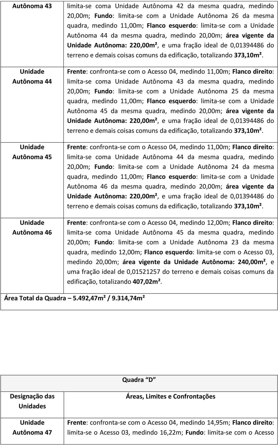 limita-se com a Autônoma 25 da mesma quadra, medindo 11,00m; Flanco esquerdo: limita-se com a Autônoma 45 da mesma quadra, medindo 20,00m; área vigente da Autônoma: 220,00m², e uma fração ideal de