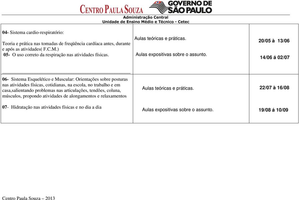 20/05 à 13/06 14/06 á 02/07 06- Sistema Esquelético e Muscular: Orientações sobre posturas nas atividades físicas, cotidianas, na escola, no trabalho e em