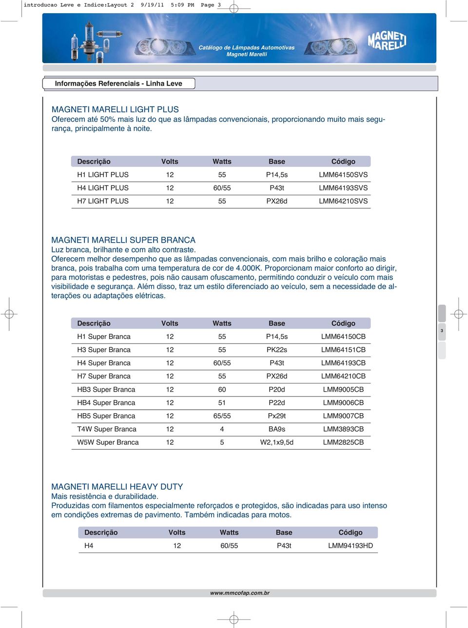 Descrição Volts Watts Base Código H1 LIGHT PLUS 12 55 P14,5s LMM64150SVS H4 LIGHT PLUS 12 60/55 P43t LMM64193SVS H7 LIGHT PLUS 12 55 PX26d LMM64210SVS MAGNETI MARELLI SUPER BRANCA Luz branca,