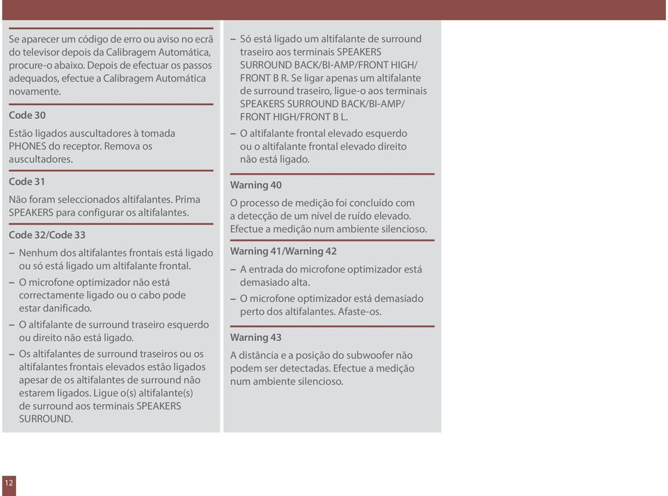 Code 32/Code 33 Nenhum dos altifalantes frontais está ligado ou só está ligado um altifalante frontal. O microfone optimizador não está correctamente ligado ou o cabo pode estar danificado.