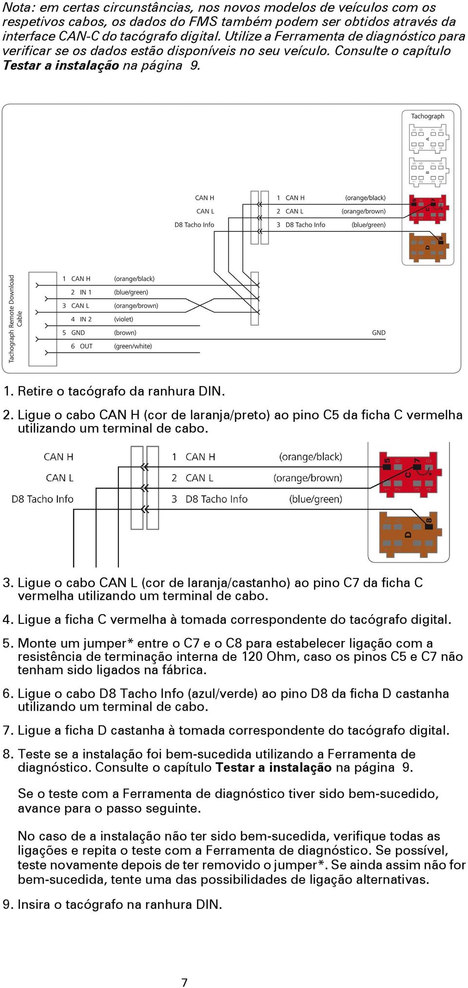 Ligue o cabo CAN H (cor de laranja/preto) ao pino C5 da ficha C vermelha utilizando um terminal de cabo. 3.