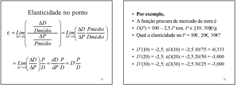 P ton, P [10; 30] /g Qual a elasticidade no P = 10, 20, 30?