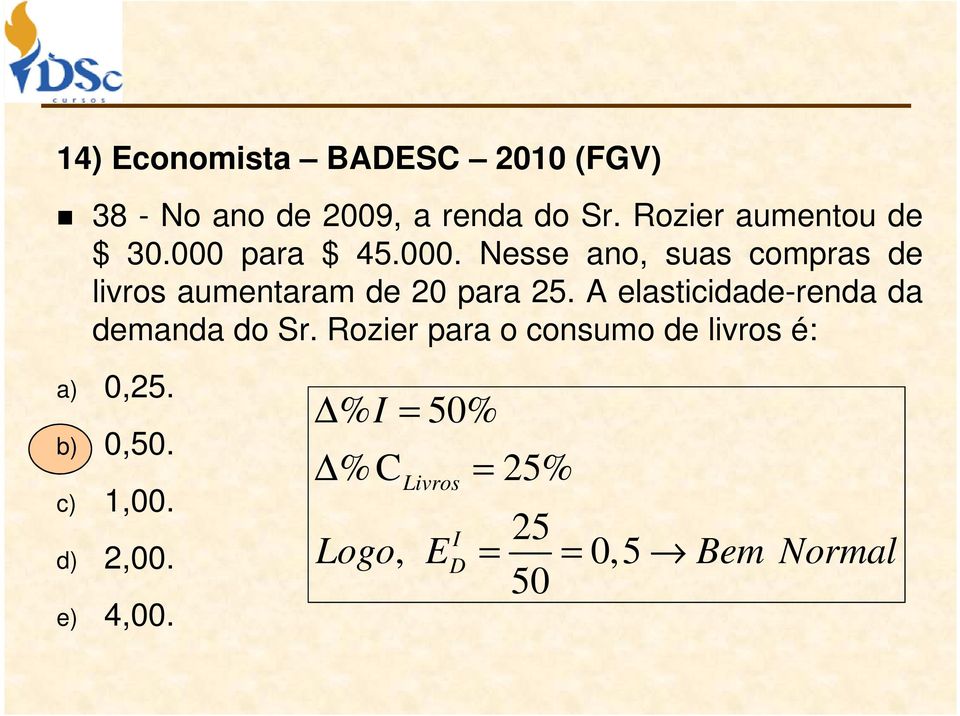 A elasticidade-renda da demanda do Sr. Rozier para o consumo de livros é: a) 0,25.