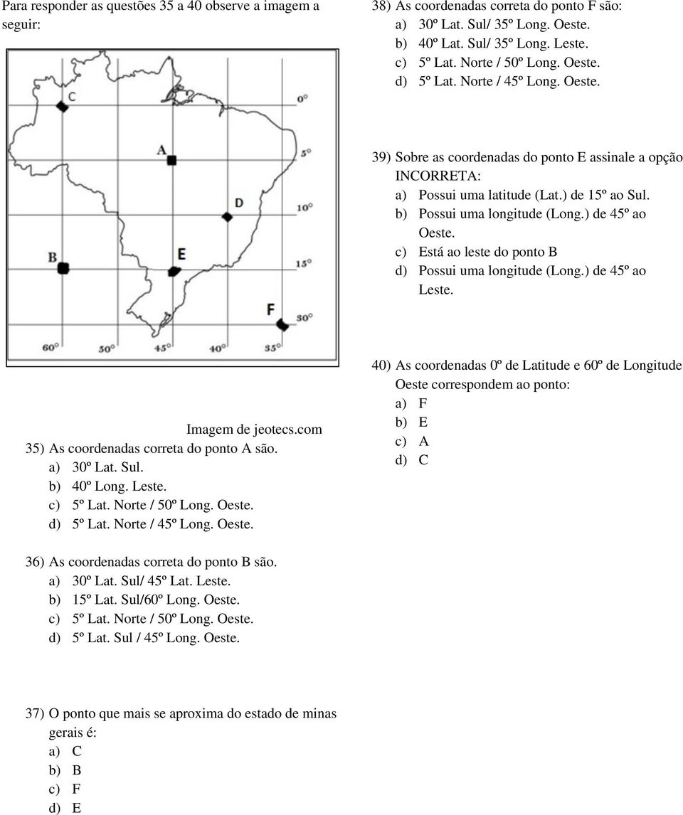 ) de 45º ao Oeste. c) Está ao leste do ponto B d) Possui uma longitude (Long.) de 45º ao Leste. Imagem de jeotecs.com 35) As coordenadas correta do ponto A são. a) 30º Lat. Sul. b) 40º Long. Leste. c) 5º Lat.