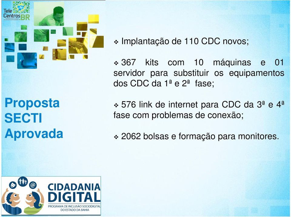 dos CDC da 1ª e 2ª fase; 576 link de internet para CDC da 3ª e