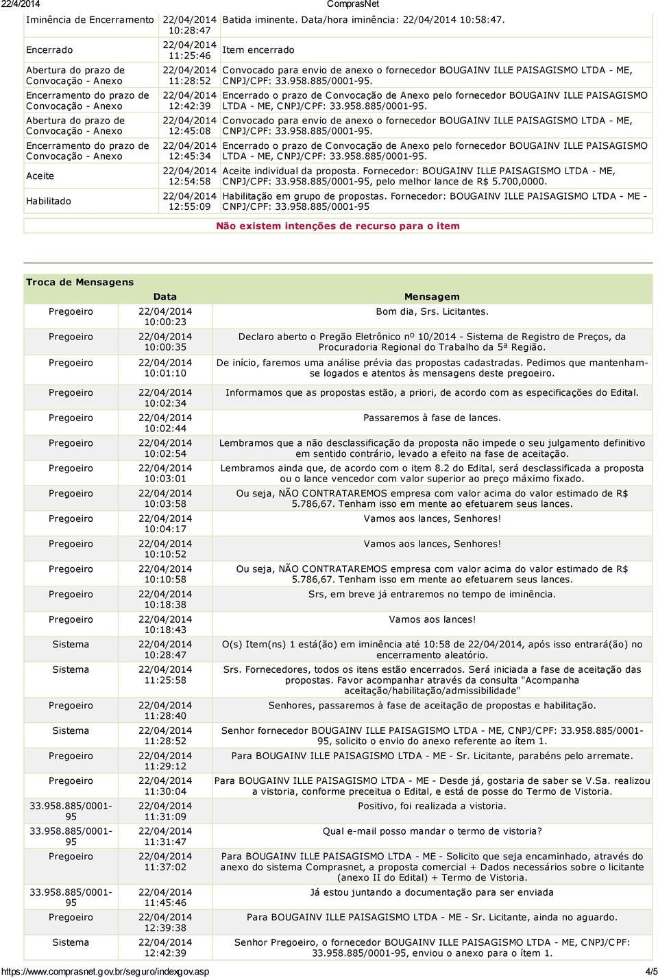 Encerrado o prazo de Convocação de Anexo pelo fornecedor BOUGAINV ILLE PAISAGISMO, CNPJ/CPF:. Convocado para envio de anexo o fornecedor BOUGAINV ILLE PAISAGISMO, CNPJ/CPF:.