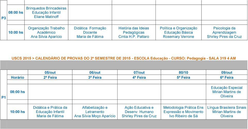 SEMESTRE DE 2015 - ESCOLA Educação - CURSO: Pedagogia - SALA 319 4 AM 05/out