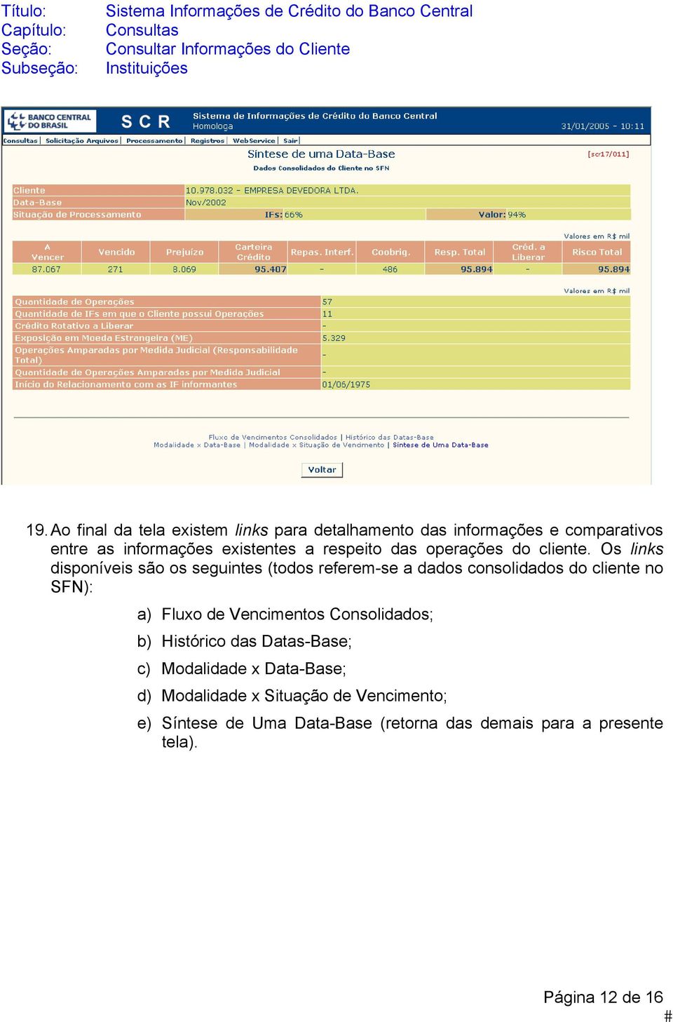 Os links disponíveis são os seguintes (todos referem-se a dados consolidados do cliente no SFN): a) Fluxo de