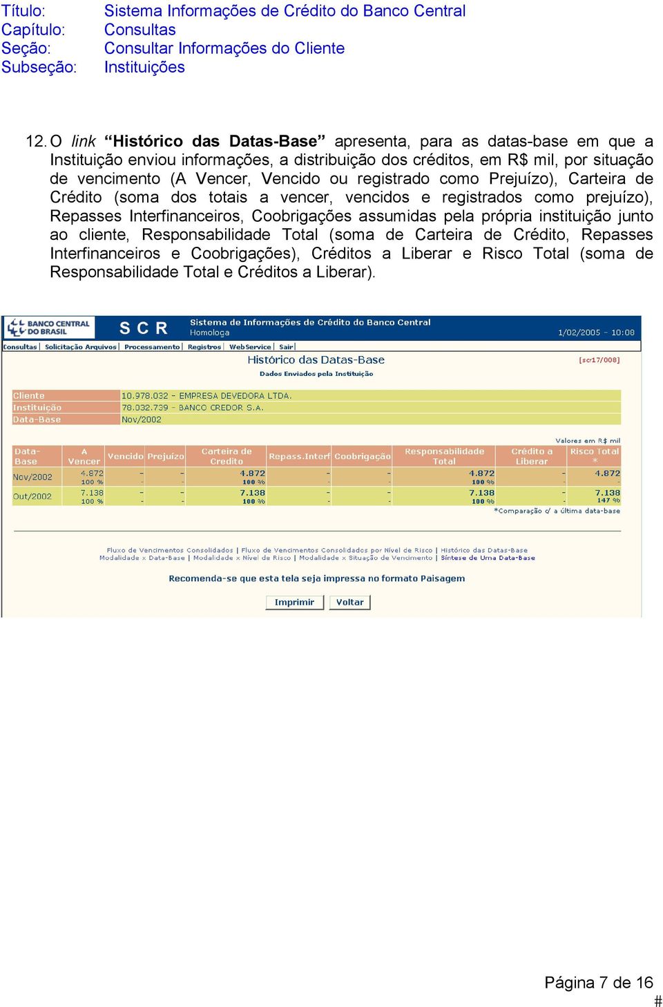 como prejuízo), Repasses Interfinanceiros, Coobrigações assumidas pela própria instituição junto ao cliente, Responsabilidade Total (soma de Carteira