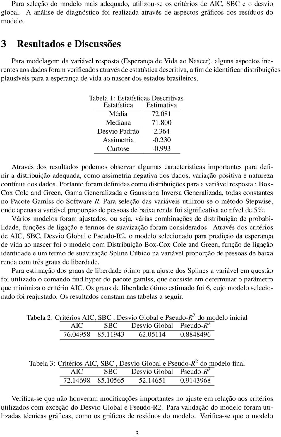 identificar distribuições plausíveis para a esperança de vida ao nascer dos estados brasileiros. Tabela 1: Estatísticas Descritivas Estatística Estimativa Média 72.081 Mediana 71.800 Desvio Padrão 2.