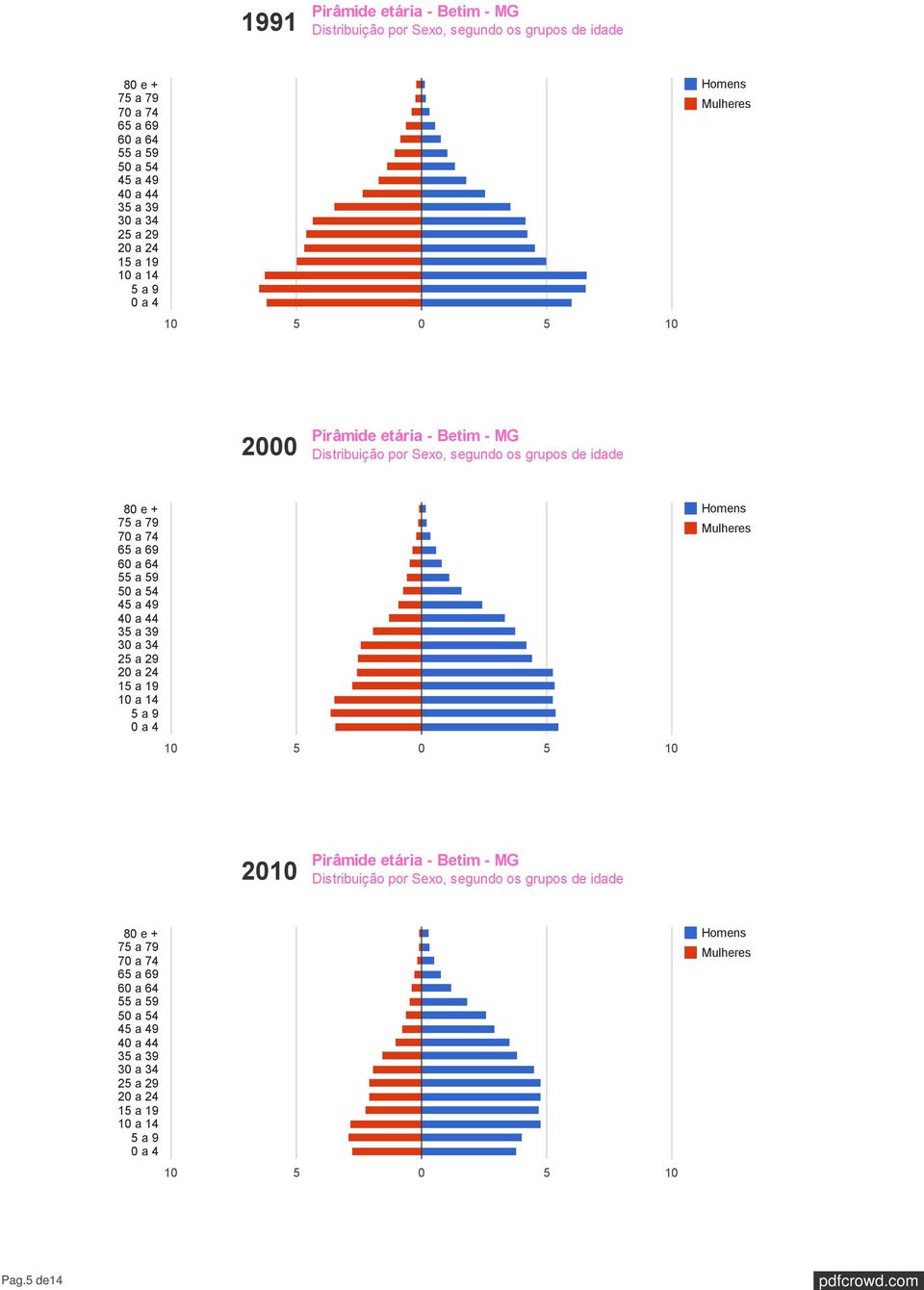 a 59 50 a 54 45 a 49 40 a 44 35 a 39 30 a 34 25 a 29 20 a 24 15 a 19 10 a 14 5 a 9 0 a 4 10 5 0 5 10 Homens Mulheres 2010 Pirâmide etária - Betim - MG Distribuição por Sexo, segundo os