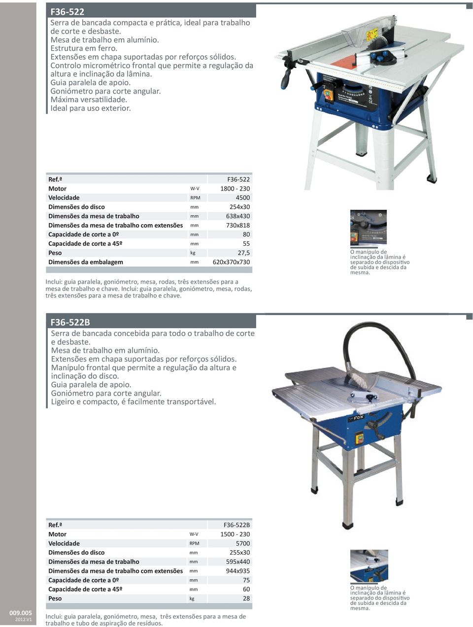 ª F36-522 Motor W-V 1800-230 Velocidade RPM 4500 Dimensões do disco mm 254x30 Dimensões da mesa de trabalho mm 638x430 Dimensões da mesa de trabalho com extensões mm 730x818 Capacidade de corte a 0º