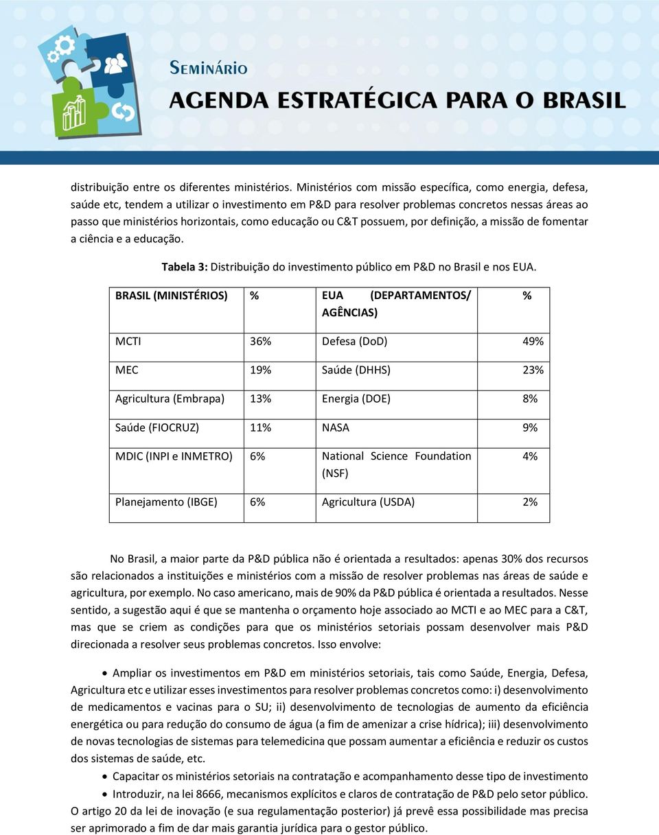 educação ou C&T possuem, por definição, a missão de fomentar a ciência e a educação. Tabela 3: Distribuição do investimento público em P&D no Brasil e nos EUA.