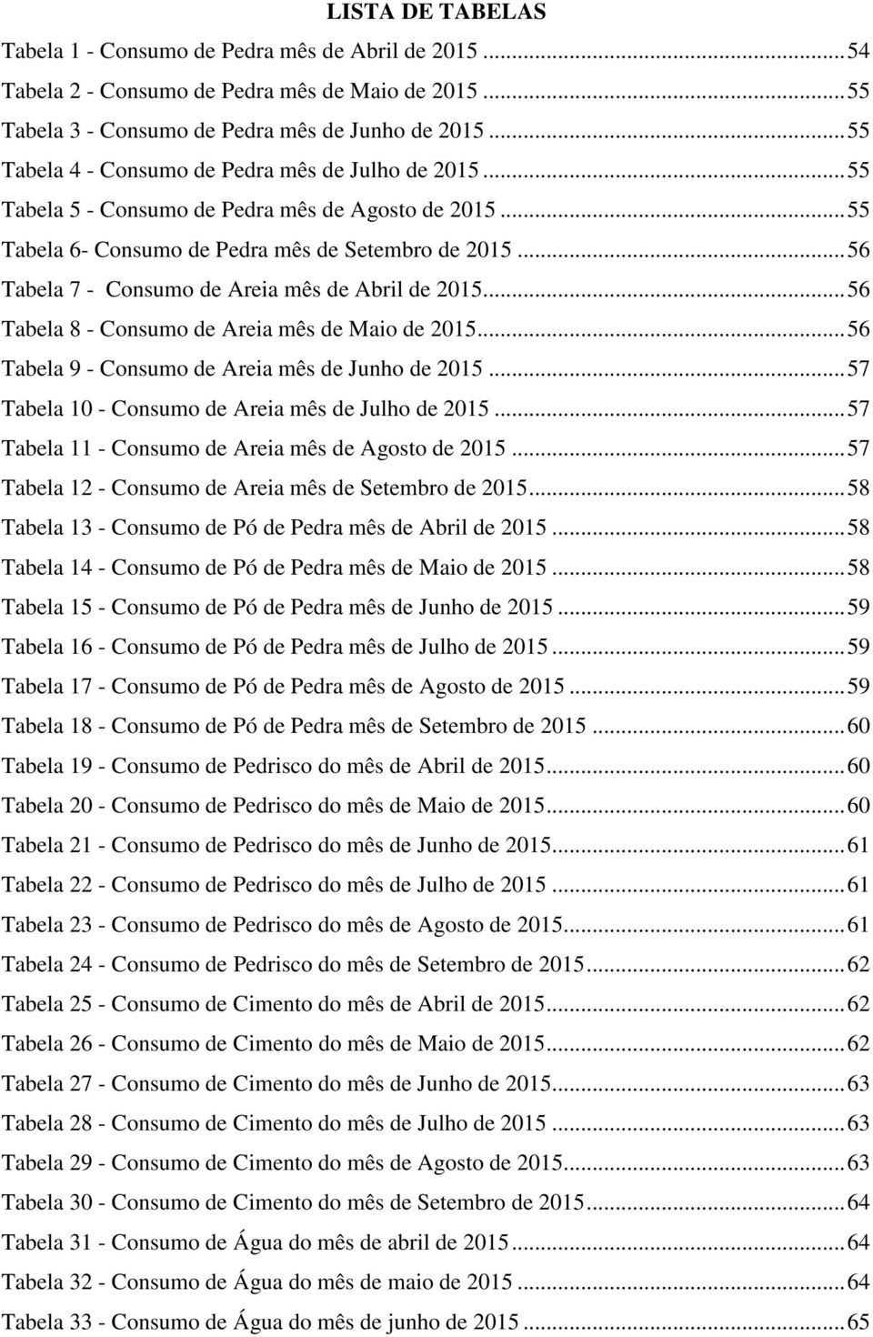 .. 56 Tabela 7 - Consumo de Areia mês de Abril de 2015... 56 Tabela 8 - Consumo de Areia mês de Maio de 2015... 56 Tabela 9 - Consumo de Areia mês de Junho de 2015.