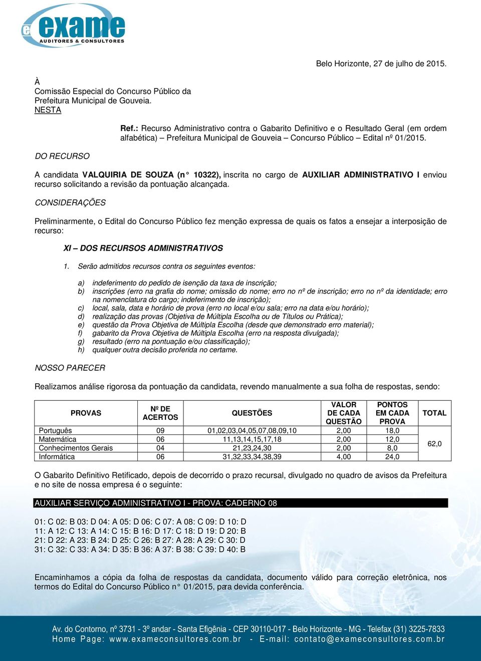 A candidata VALQUIRIA DE SOUZA (n 10322), inscrita no cargo de AUXILIAR ADMINISTRATIVO I enviou recurso solicitando a revisão da pontuação alcançada.