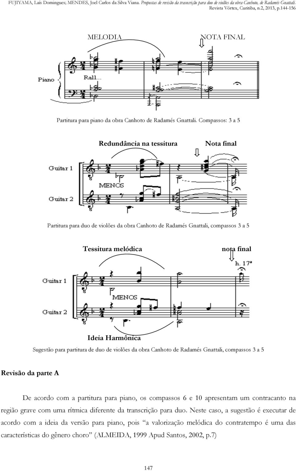 Sugestão para partitura de duo de violões da obra Canhoto de Radamés Gnattali, compassos 3 a 5 Revisão da parte A De acordo com a partitura para piano, os compassos 6 e 10 apresentam