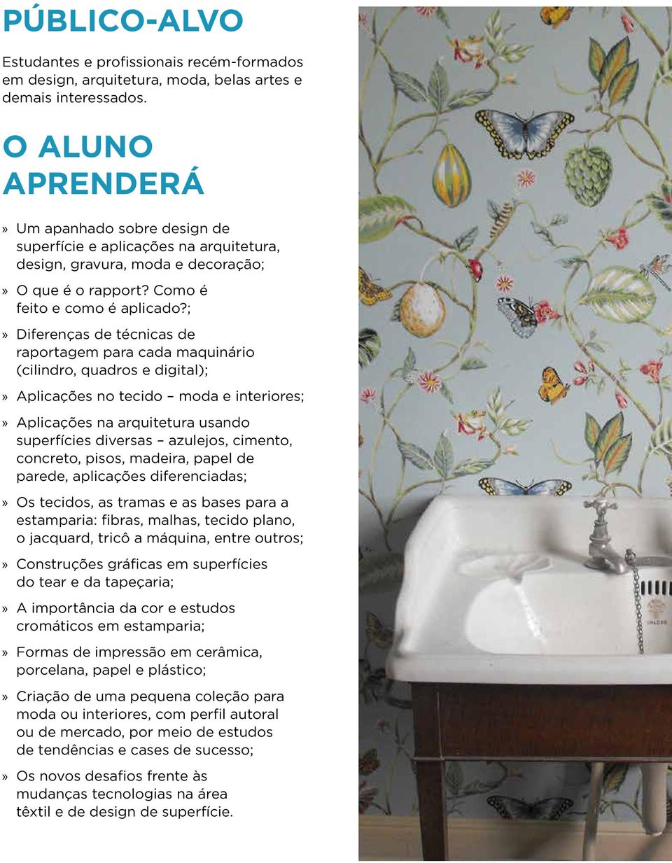 ; Diferenças de técnicas de raportagem para cada maquinário (cilindro, quadros e digital); Aplicações no tecido moda e interiores; Aplicações na arquitetura usando superfícies diversas azulejos,