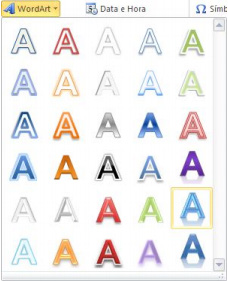 WordArt Para finalizarmos o trabalho com elementos gráficos temo os WordArt que já um velho conhecido da suíte Office, ele ainda mantém a mesma interface desde a versão do Office 97 No grupo Texto da